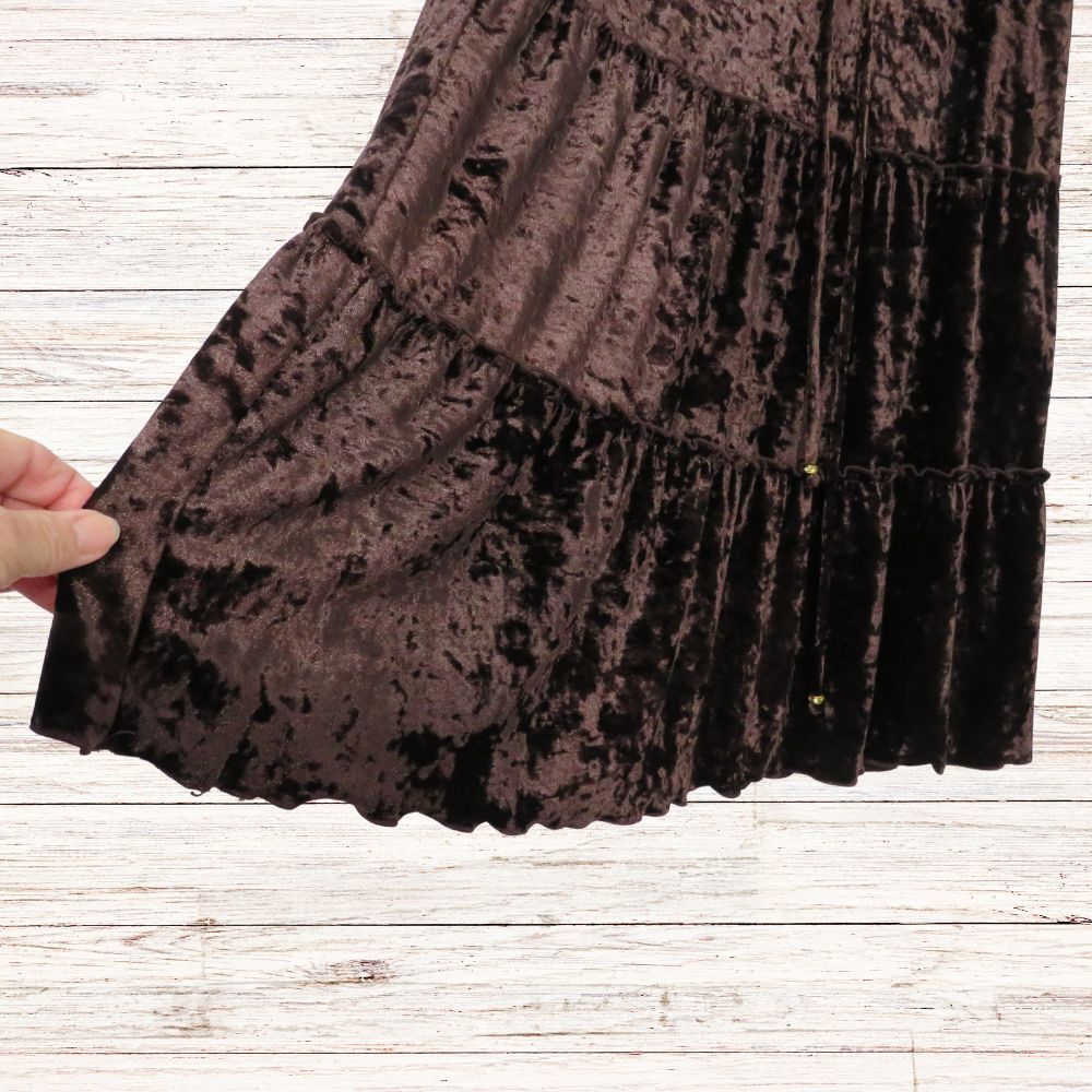 Mock Velvet Skirt Women M Brown Mid Calf Tiered Full Skirt Boho - Picture 3 of 8